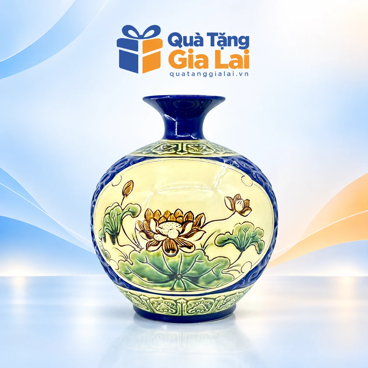 Bình hút lộc Thuận buồm và Sen H25 men xanh cobalt mặt hoa sen