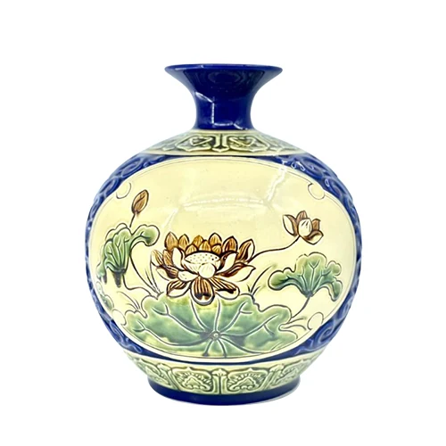 Dáng bình xanh cobalt có hoa sen và các dải hoa văn xanh kem