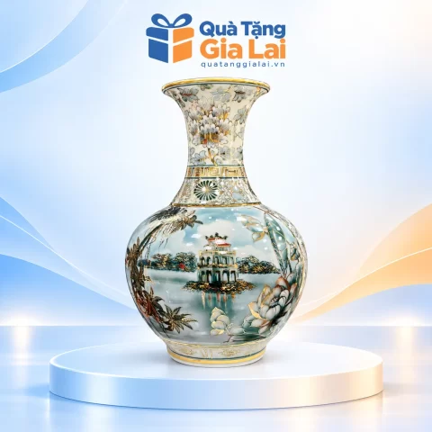 Bình tỏi H45 miệng loe vẽ vàng cảnh Tháp Rùa trên nền Quà Tặng Gia Lai