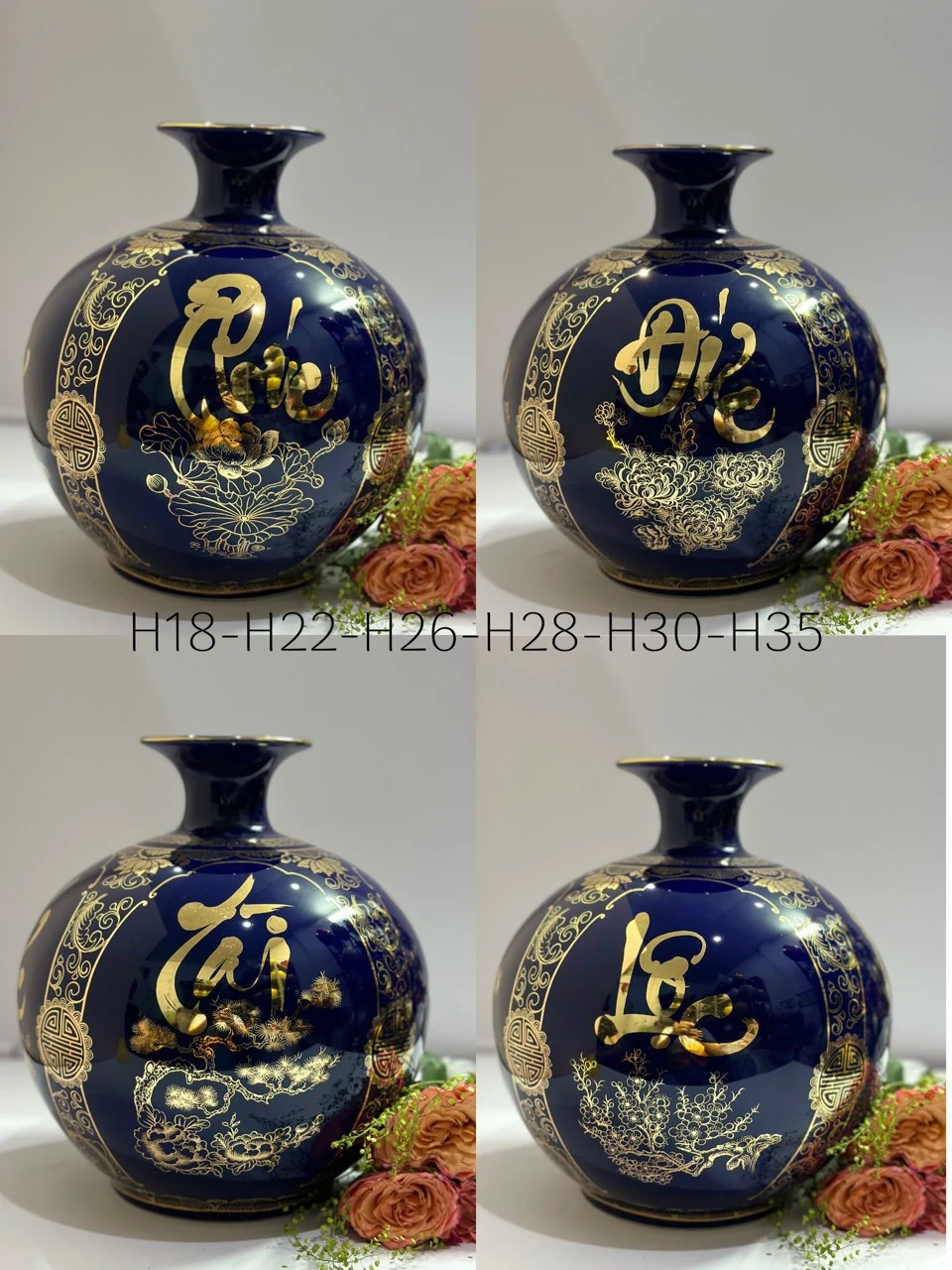 Ảnh chụp bình xanh cobalt với các chữ và cảnh hoa lá tham khảo