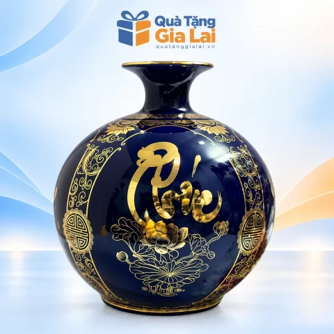 Bình hút lộc tứ cảnh H18 xanh cobalt chữ Phúc hoa sen vàng kim
