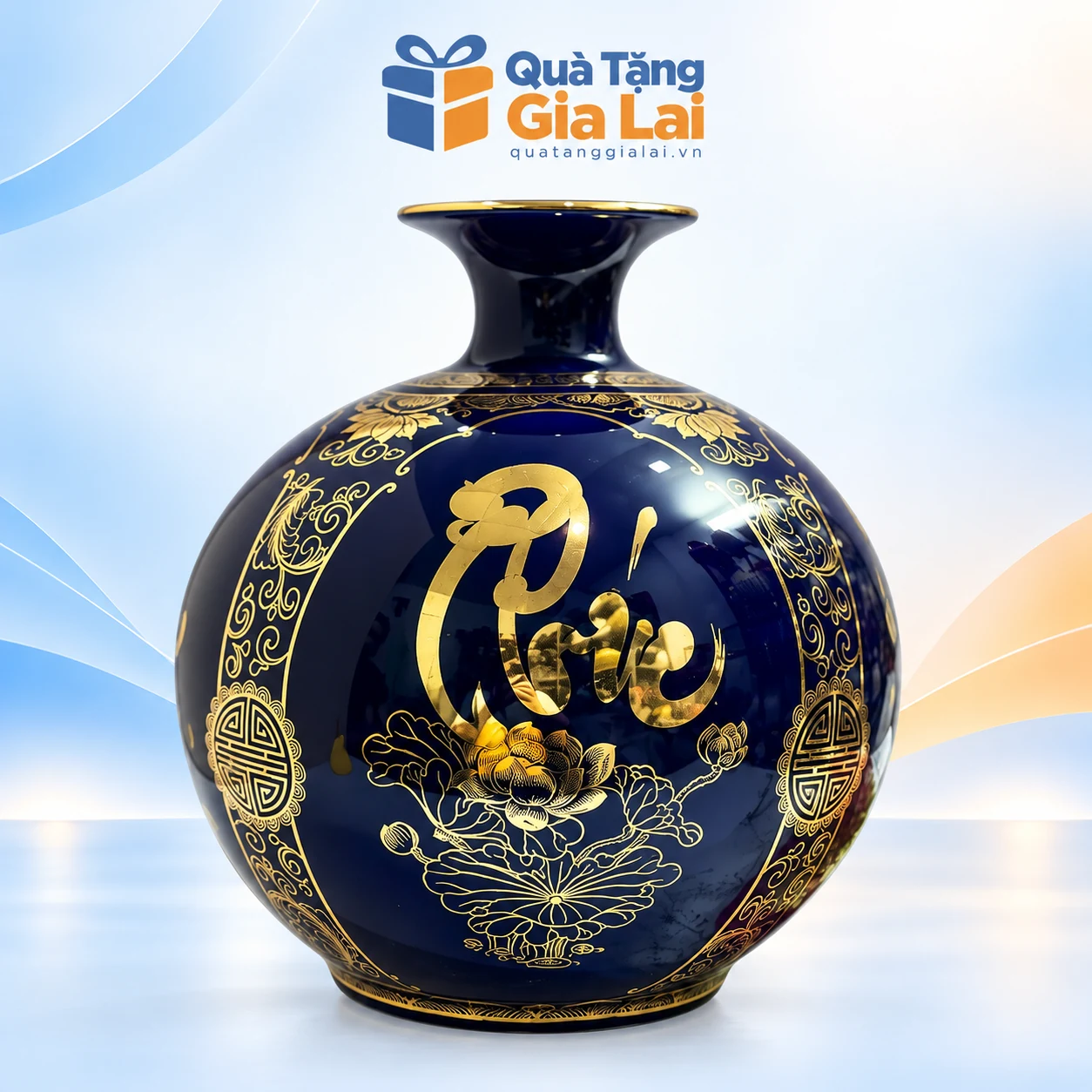 Bình hút lộc tứ cảnh H18 xanh cobalt chữ Phúc hoa sen vàng kim