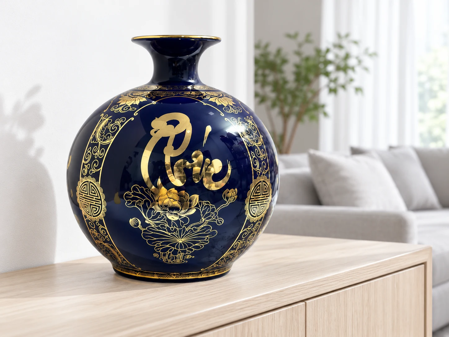 Bình xanh cobalt chữ Phúc trên tủ gỗ trong phòng khách