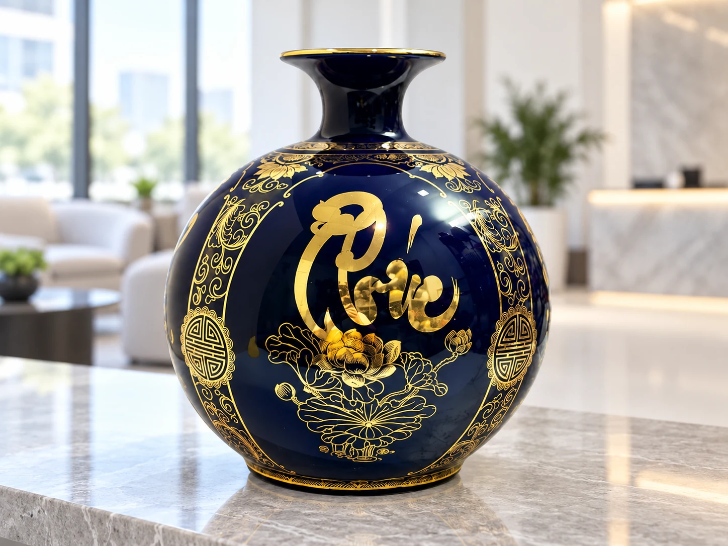 Bình xanh cobalt chữ Phúc hoa sen trên tủ tiếp khách