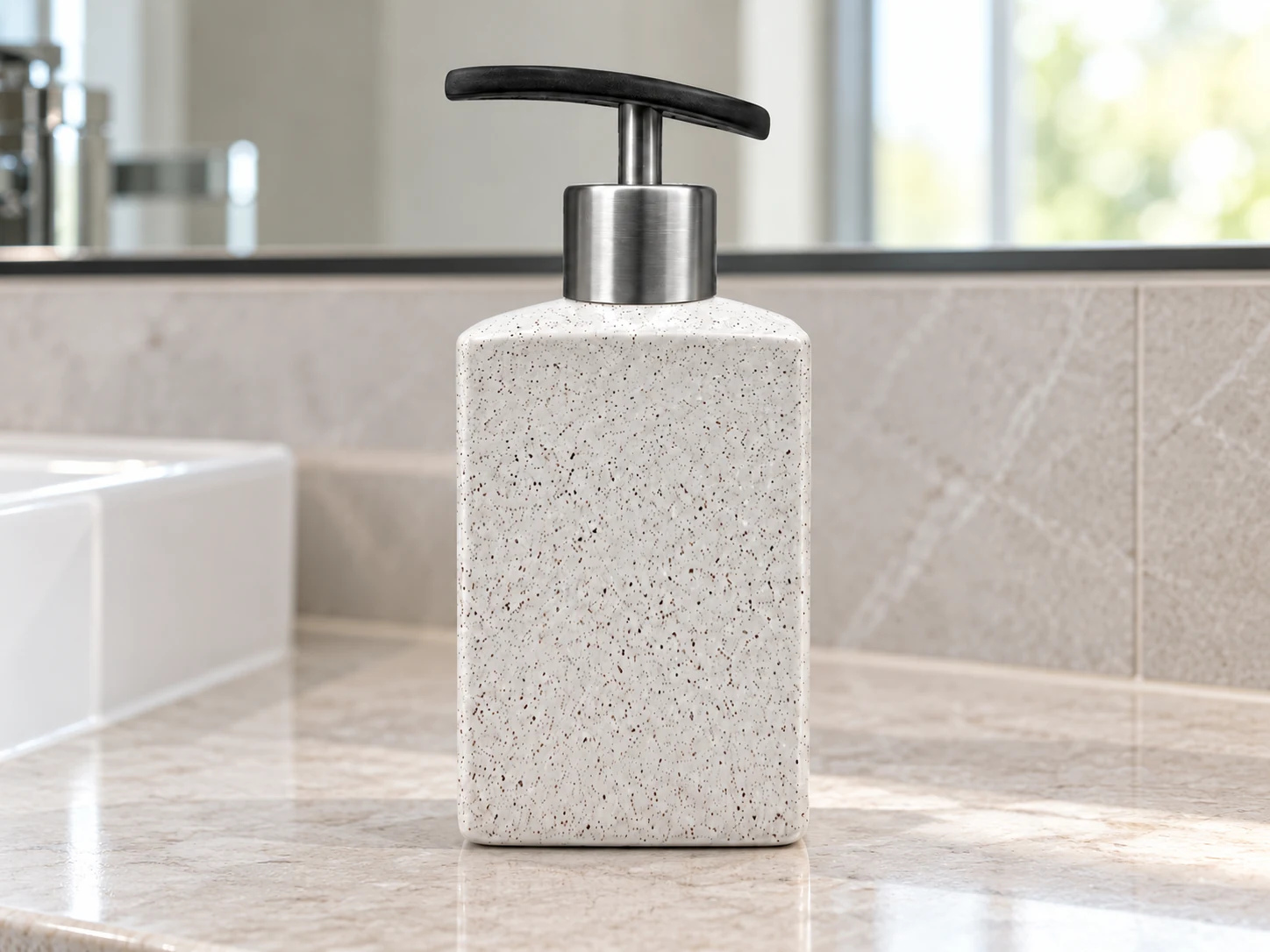 Bình thân vuông men lấm tấm và vòi inox đặt trên kệ phòng tắm sáng