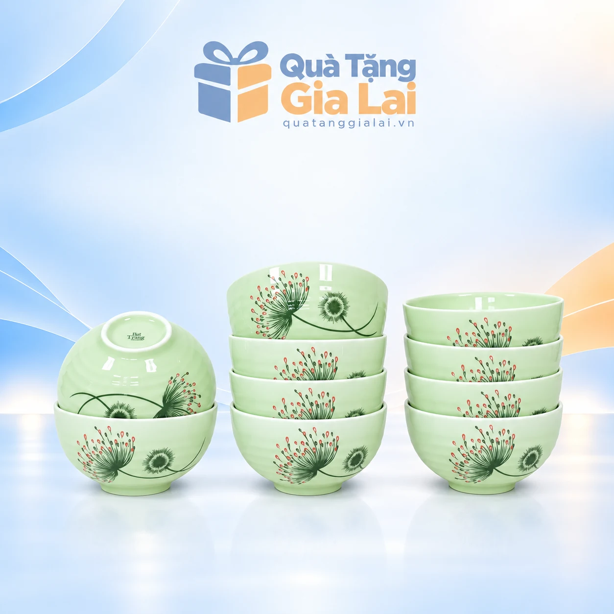 Bộ 10 bát cơm men ngọc vẽ tay hoa xanh điểm chấm đỏ
