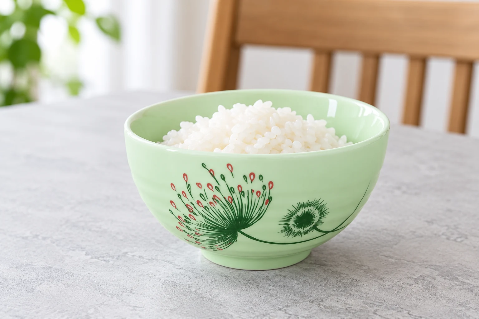 Một bát men ngọc trong bộ dùng bày cơm trên bàn ăn