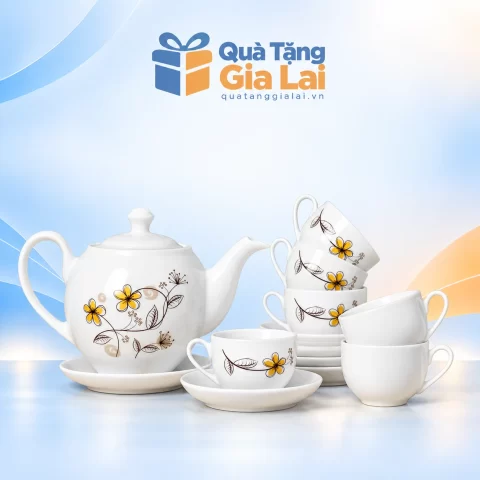 Bộ ấm chén số 2 hoa vàng 650 ml với sáu chén có quai