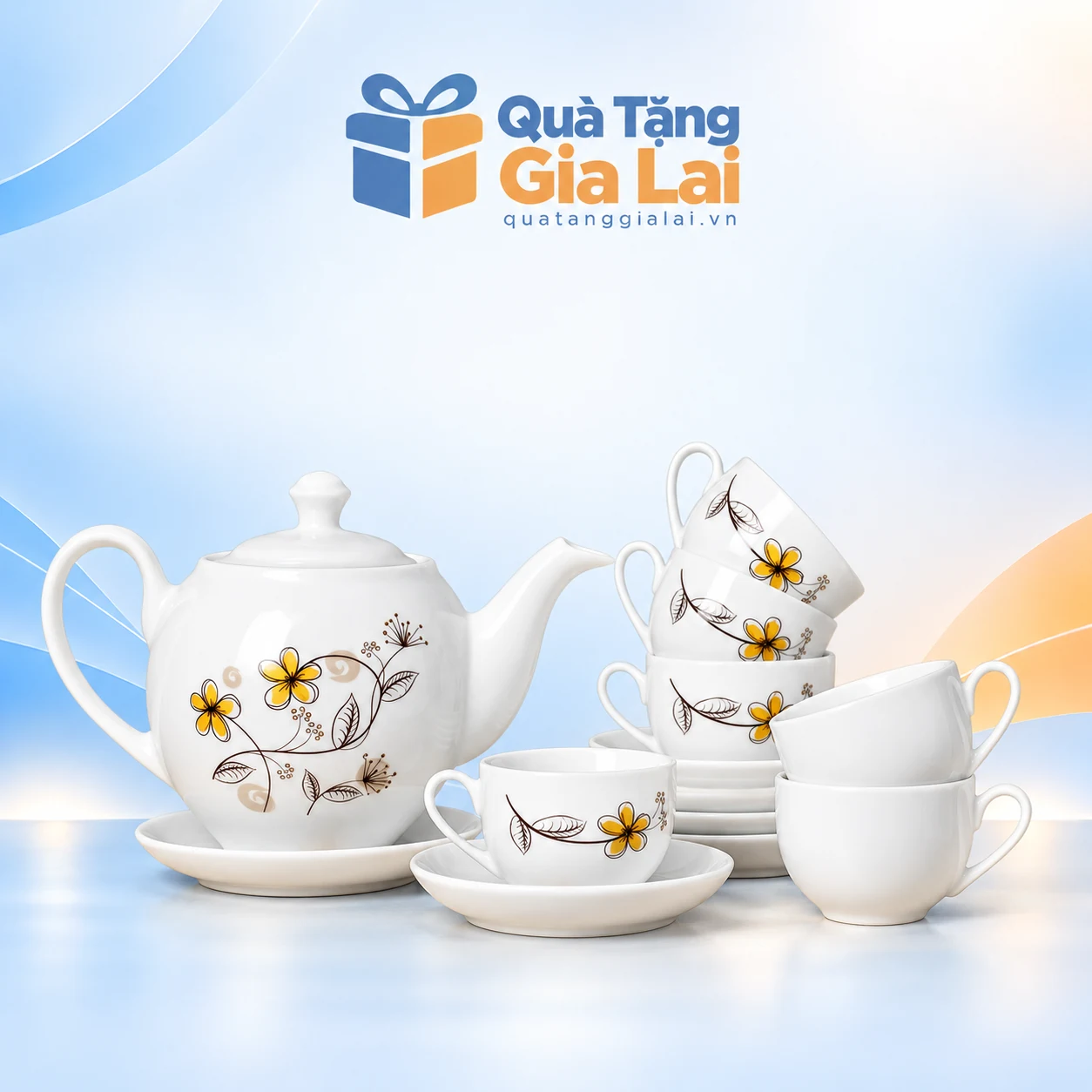 Bộ ấm chén số 2 hoa vàng 650 ml với sáu chén có quai