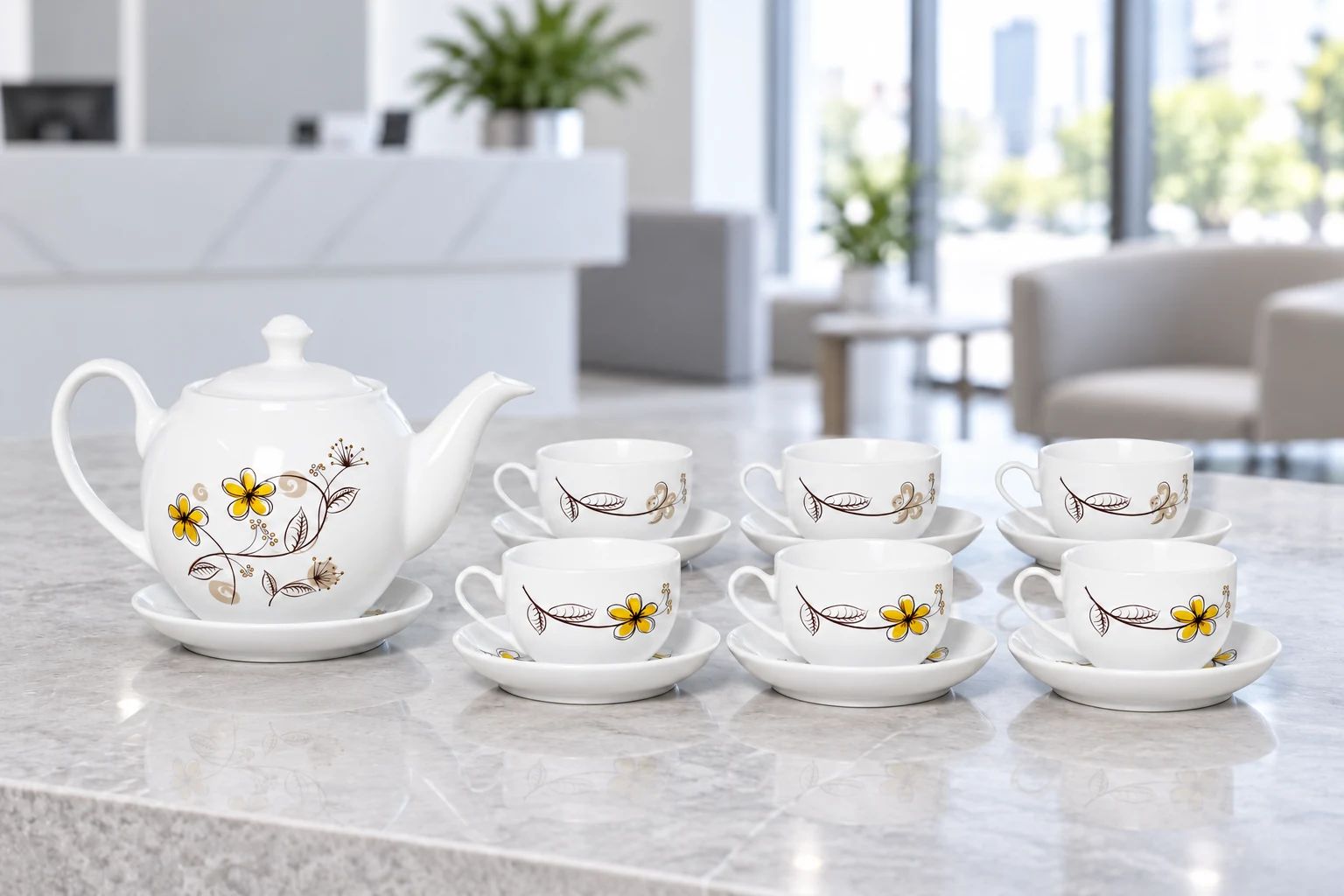 Bộ ấm chén hoa vàng bày đủ sáu chén trên bàn tiếp khách
