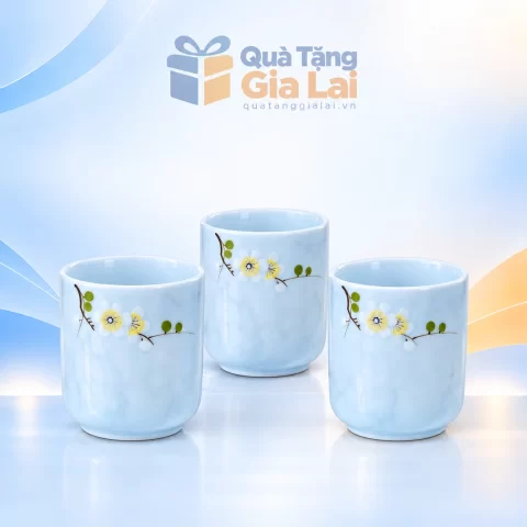 Bộ ba cốc sứ Bát Tràng không quai men xanh nhạt vân đá hoa nhỏ