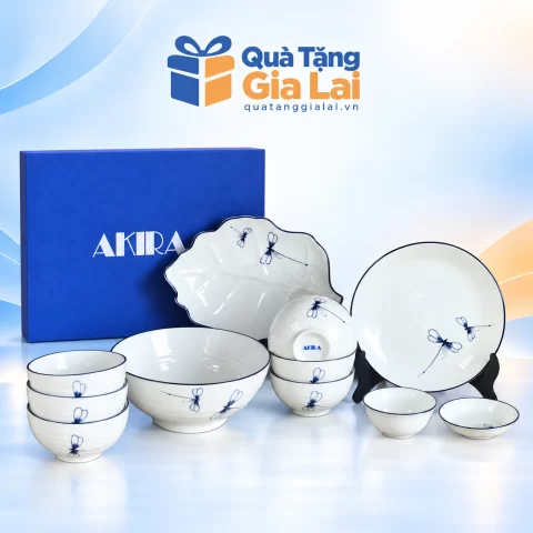 Bộ 11 món men kem 05 chuồn chuồn xanh cùng hộp xanh trên nền Quà Tặng Gia Lai