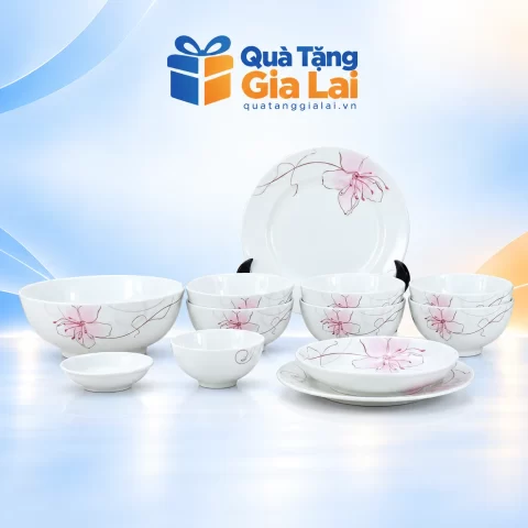 Bộ 12 món bát đĩa Trung Kiên hoa nét hồng trên nền Quà Tặng Gia Lai