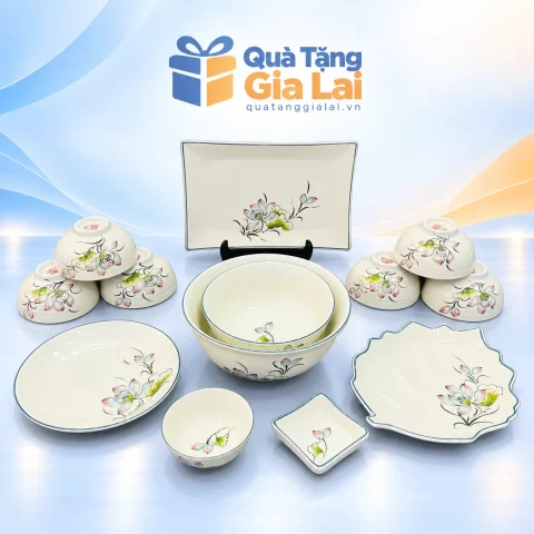 Bộ bát đĩa 13 món men kem 01 hoa nét mảnh trên nền Quà Tặng Gia Lai