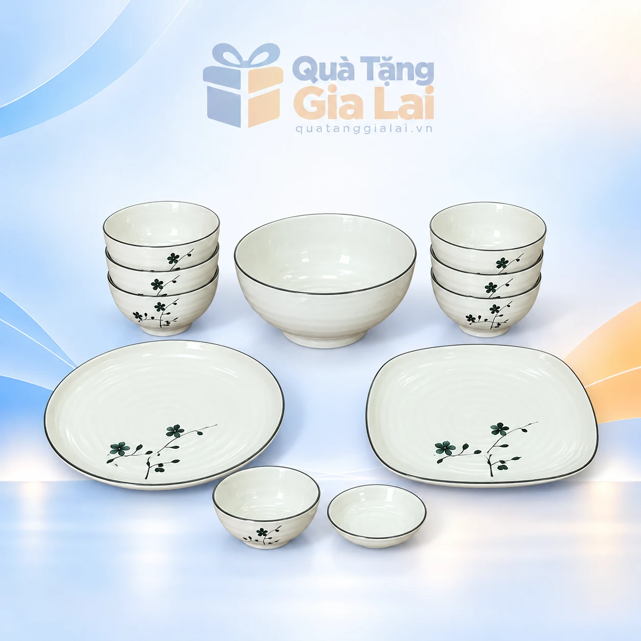 Bộ bát đĩa 11 món men kem 04 hoa cành tối màu