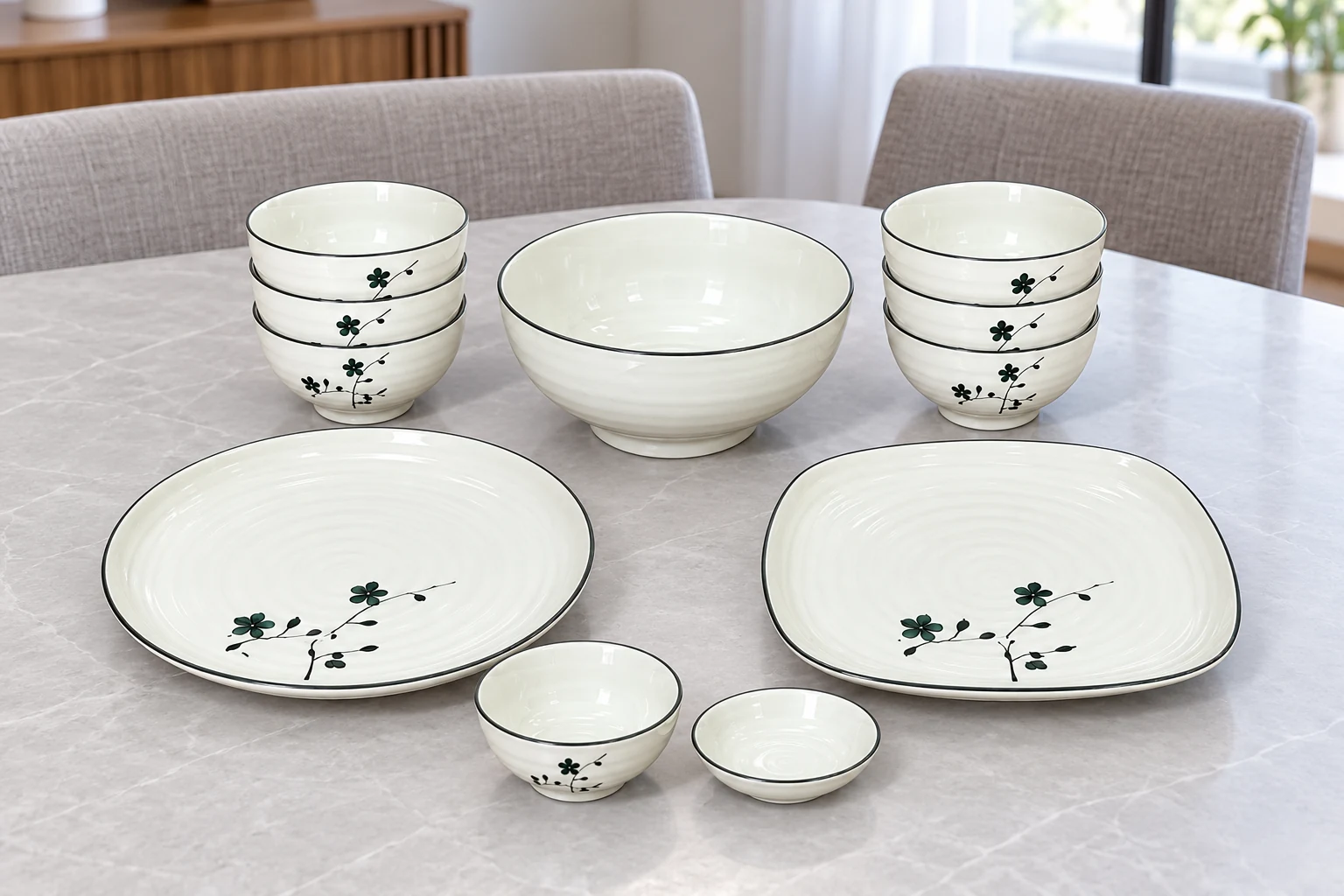 Bộ bát đĩa men kem 04 bày đủ 11 món trên bàn ăn