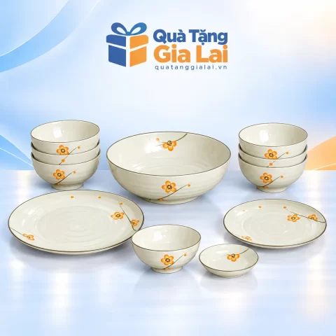 Bộ bát đĩa 11 món men kem 12 họa tiết hoa cam nhỏ