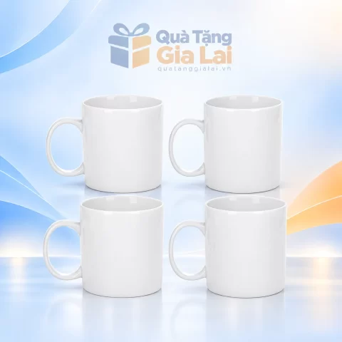 Bộ bốn cốc sứ Bát Tràng men trắng thân trụ quai chữ C