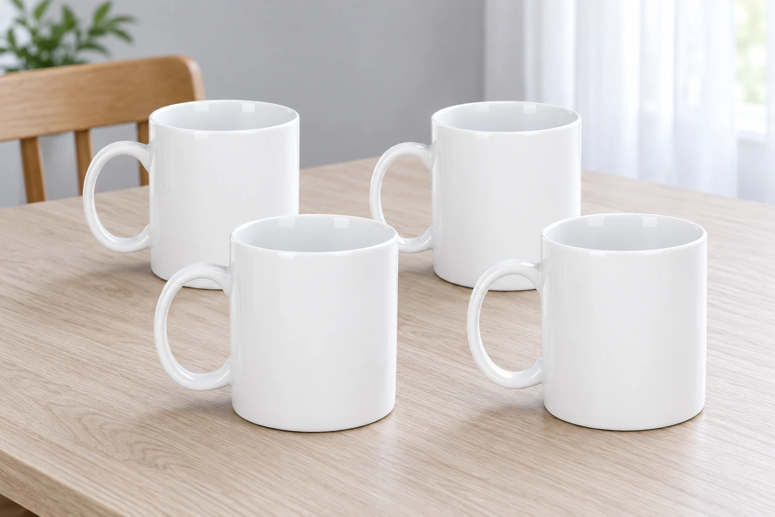 Bộ bốn cốc sứ trắng thân trụ trên bàn ăn gia đình