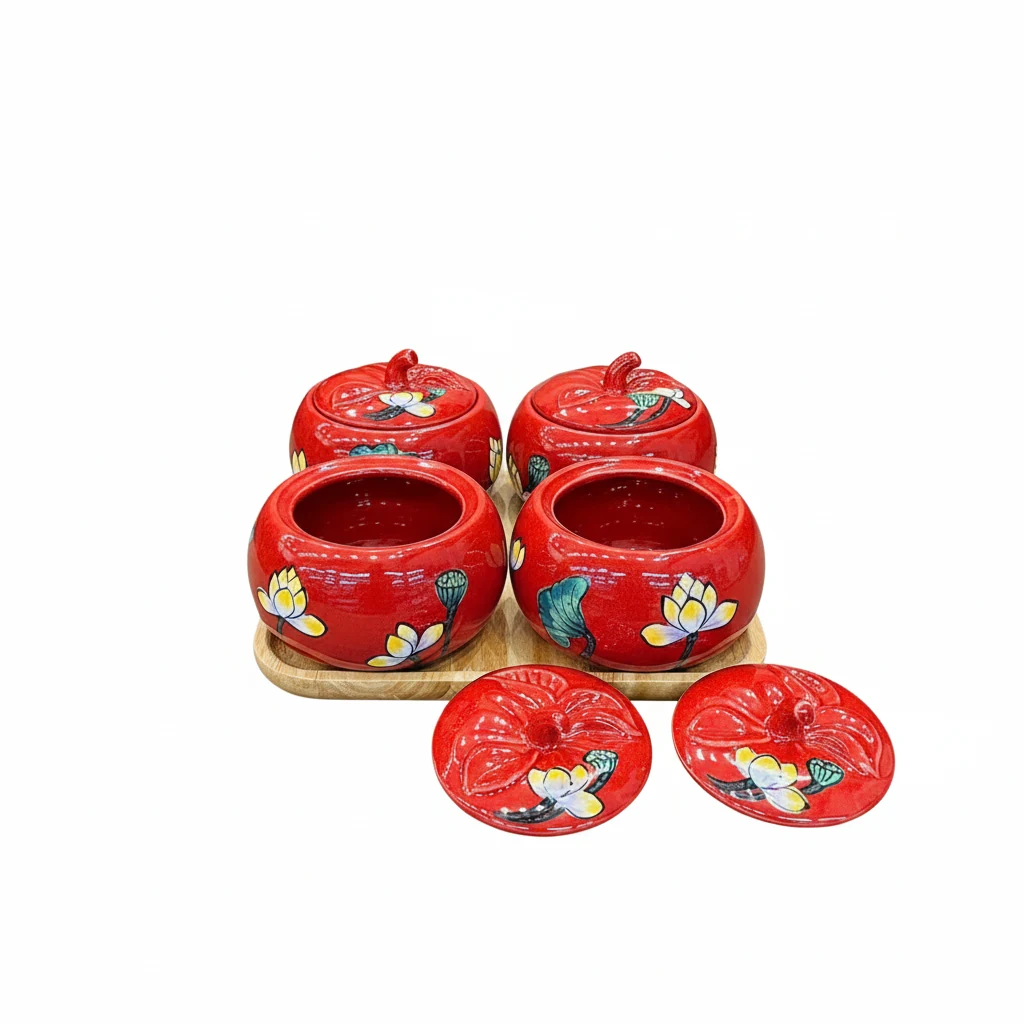 Bốn hũ mứt đỏ vẽ sen trên khay gỗ, hai nắp mở đặt phía trước