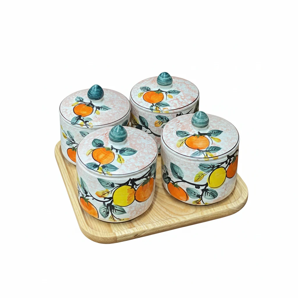 Bốn hũ tròn họa tiết quả cam vàng và bốn nắp núm xanh xếp trên khay gỗ