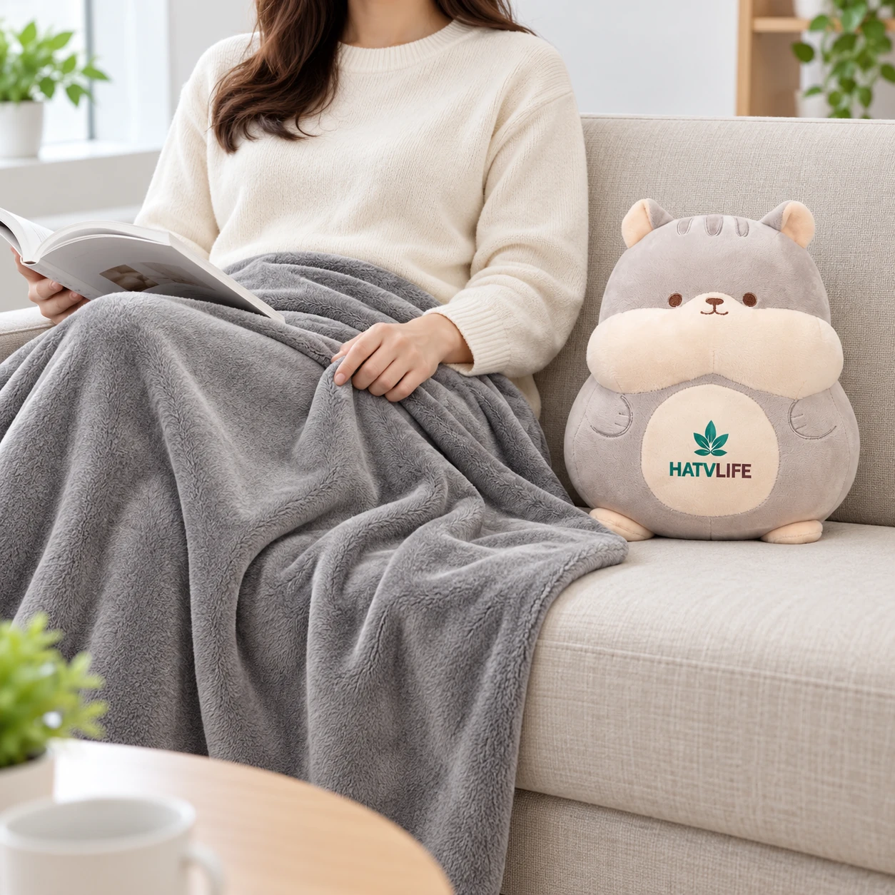 Mền xám trải trên đùi trong giờ nghỉ cùng gối thú xám bên cạnh