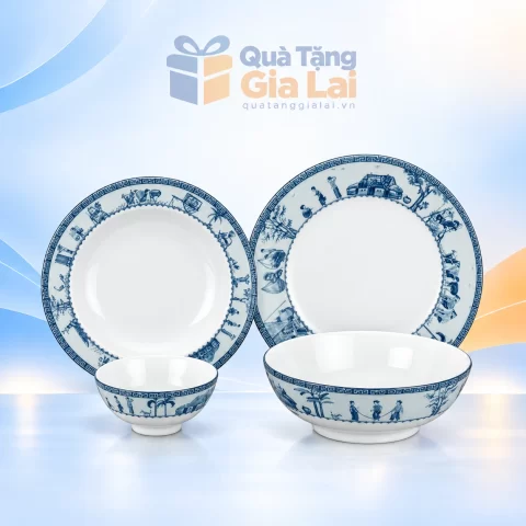 Các dáng chén, tô và hai loại đĩa Jasmine Thôn Dã trên nền Quà Tặng Gia Lai