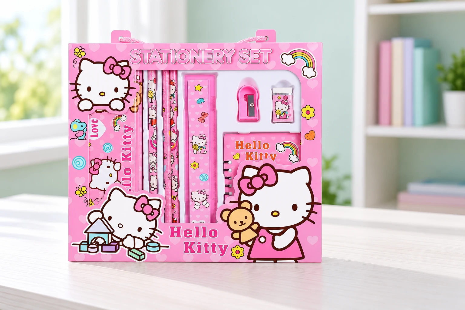 Bộ dụng cụ học tập hồng tại góc bàn học
