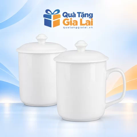 Bộ hai cốc sứ trắng quai C vuông có nắp