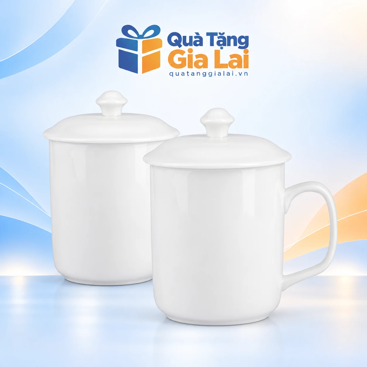 Bộ hai cốc sứ trắng quai C vuông có nắp