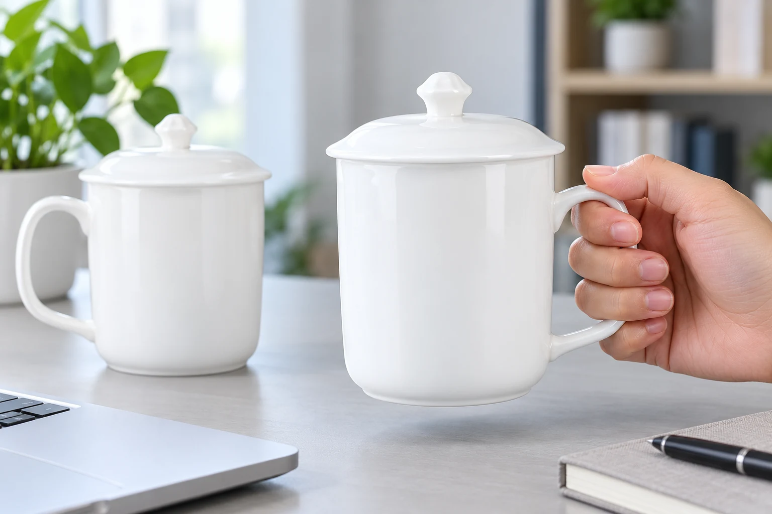 Cầm quai cốc sứ trắng có nắp tại bàn làm việc