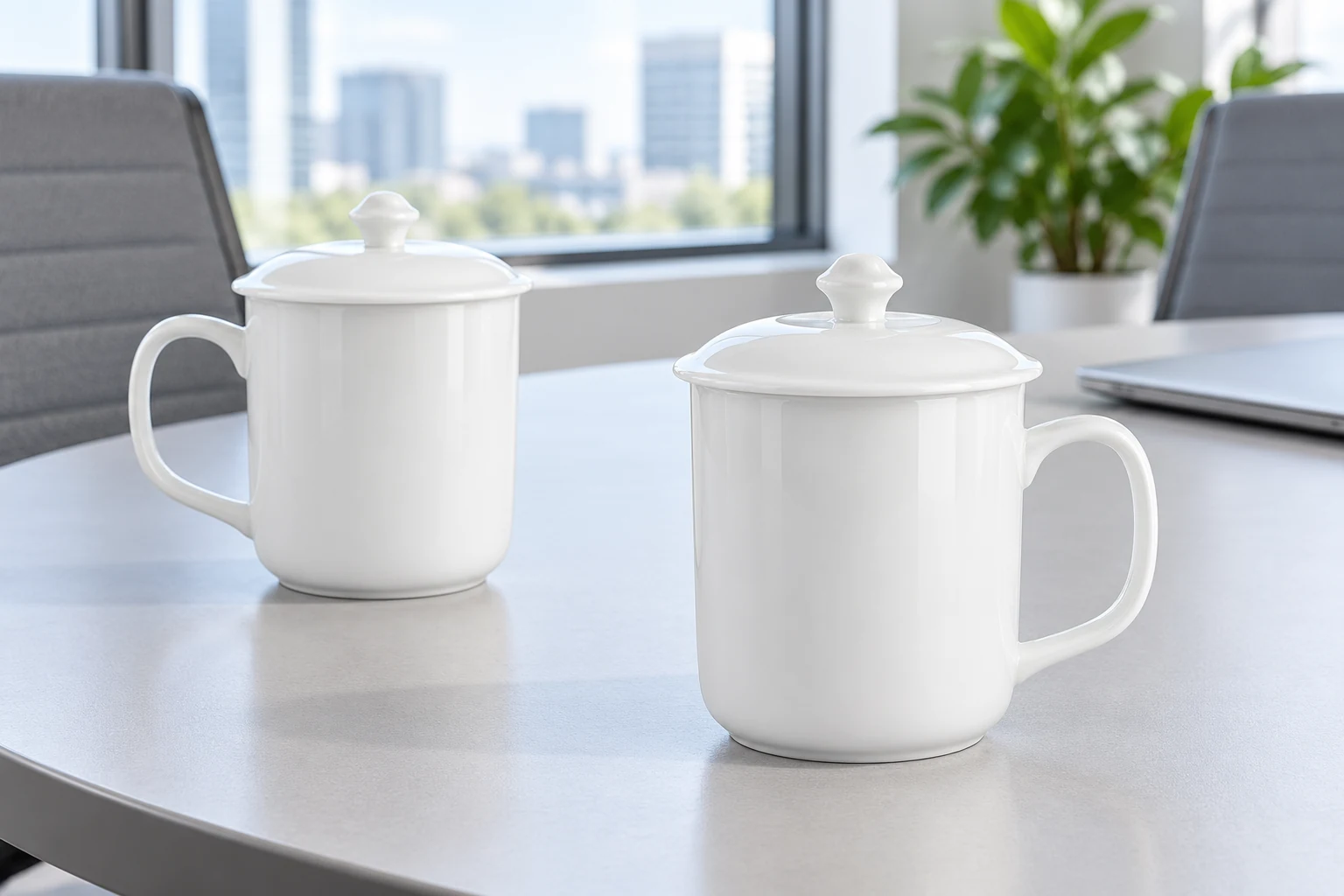 Hai cốc trắng có nắp đặt tại bàn tiếp khách
