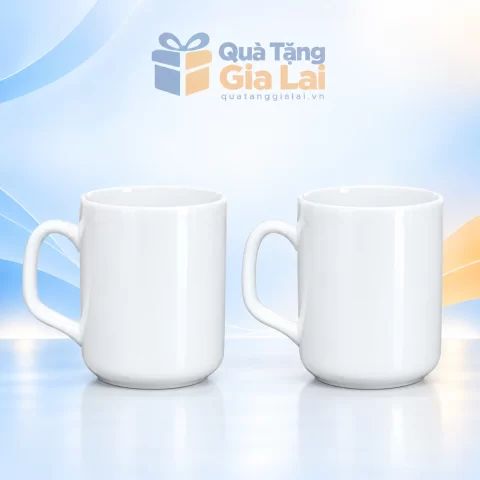 Bộ hai cốc sứ trắng Bát Tràng quai vuông bo góc, không nắp