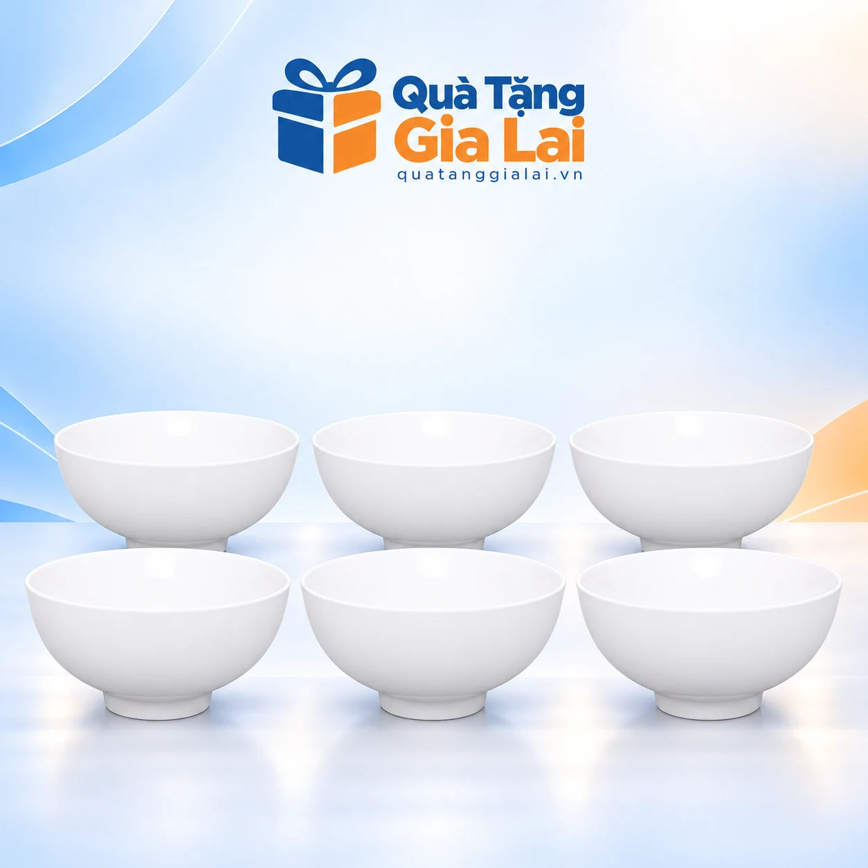 Bộ sáu bát cơm TK-C06 trắng trơn trên nền Quà Tặng Gia Lai