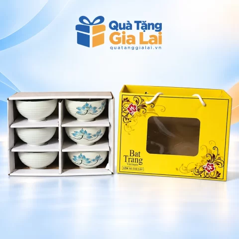 Bộ sáu bát cơm men kem sen xanh, khay chia ô và hộp cửa sổ màu vàng