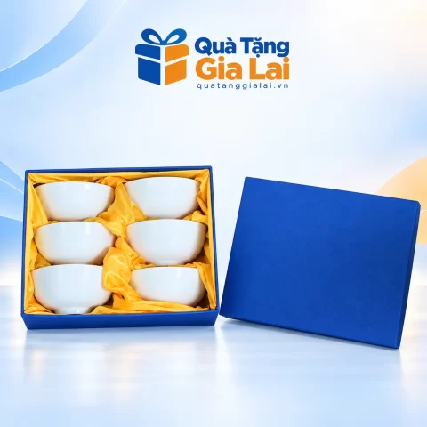 Bộ sáu bát cơm trắng xếp trong hộp xanh lót vải vàng trên nền Quà Tặng Gia Lai