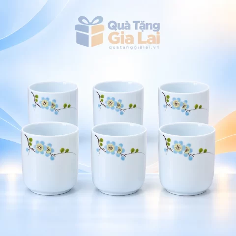 Bộ sáu cốc sứ Bát Tràng men trắng trơn hoa xanh không quai, không đĩa