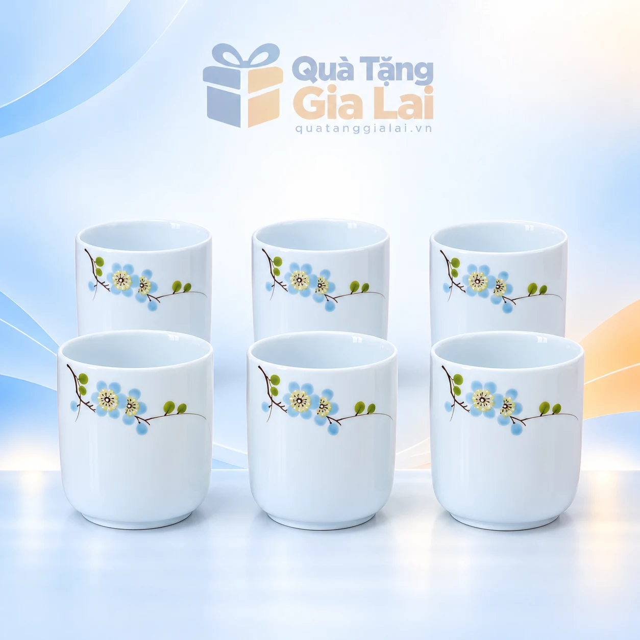 Bộ sáu cốc sứ Bát Tràng men trắng trơn hoa xanh không quai, không đĩa