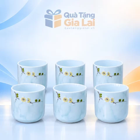 Bộ sáu cốc sứ Bát Tràng không quai men xanh nhạt vân đá họa tiết hoa nhỏ