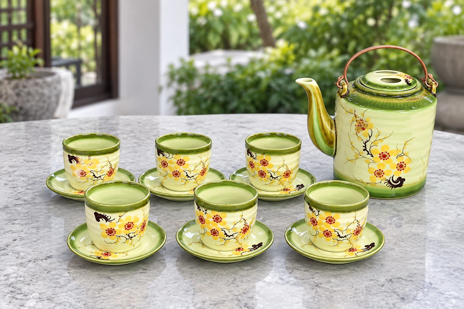 Bộ tích mẫu 05 bày đủ sáu chén tại bàn tiếp khách cạnh vườn