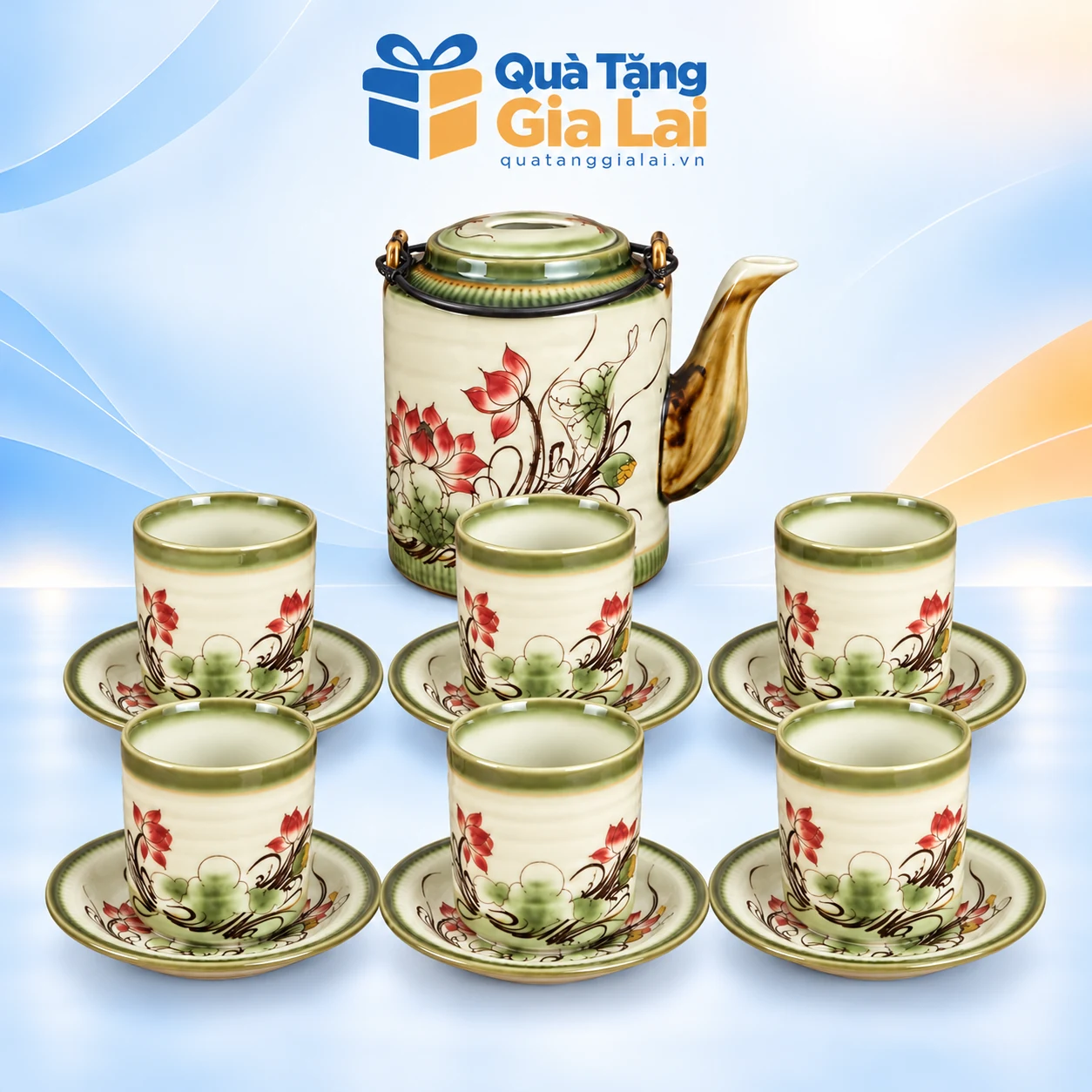 Bộ tích Bát Tràng 750 ml mẫu 02 vẽ sen cùng sáu chén không quai