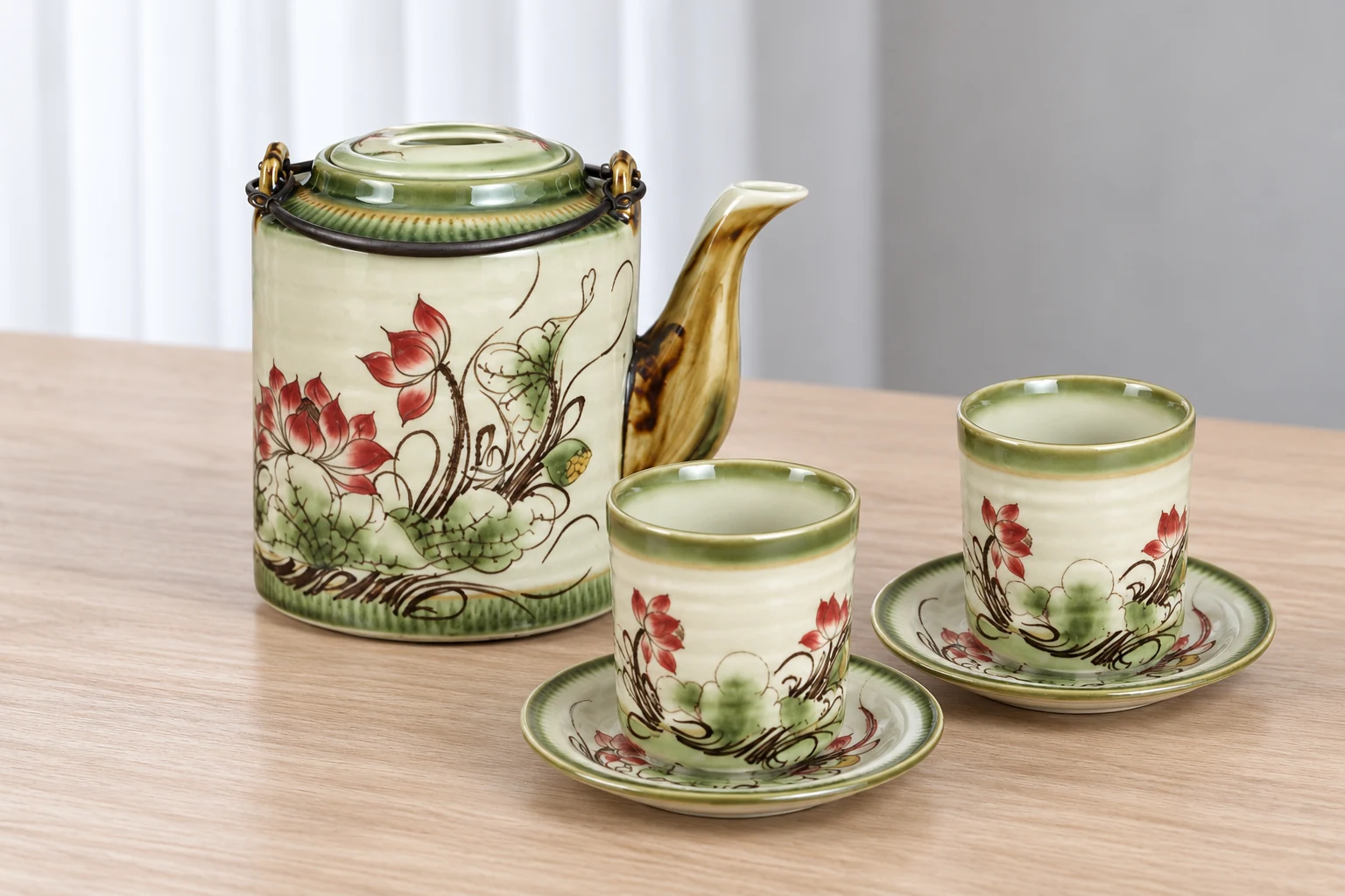 Cận tích sen đỏ 750 ml và hai chén trên đĩa kê tròn