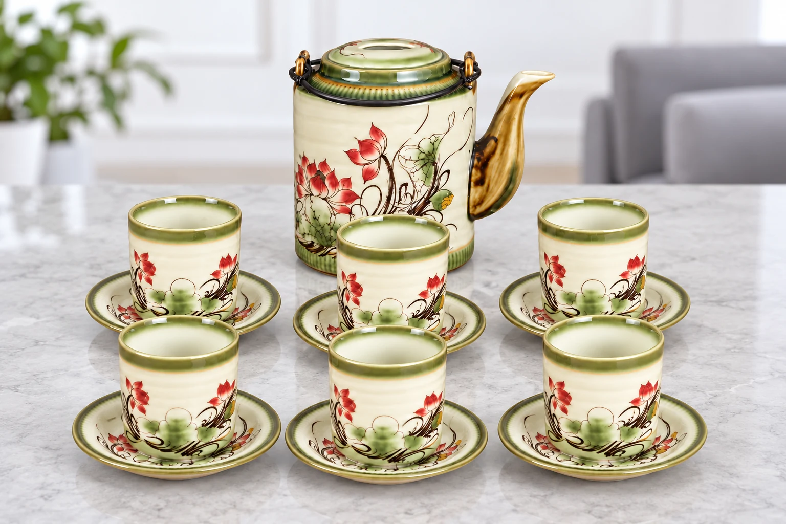 Bộ tích 750 ml vẽ sen với đủ sáu chén trên bàn tiếp khách