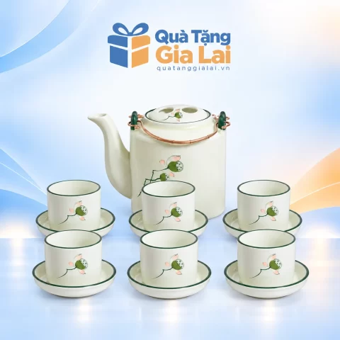 Bộ tích quai đồng 1,4 lít vẽ đài sen cùng sáu cốc sáu đĩa