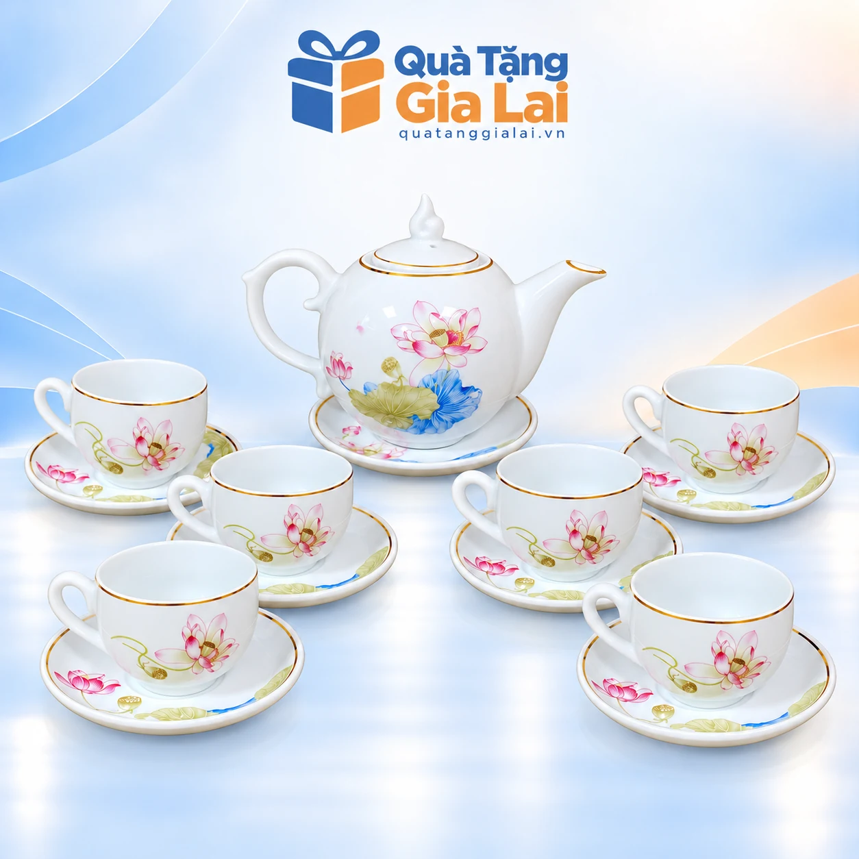 Bộ trà Bưởi Lửa số 2 họa tiết sen 650 ml với sáu chén có quai và bảy đĩa kê