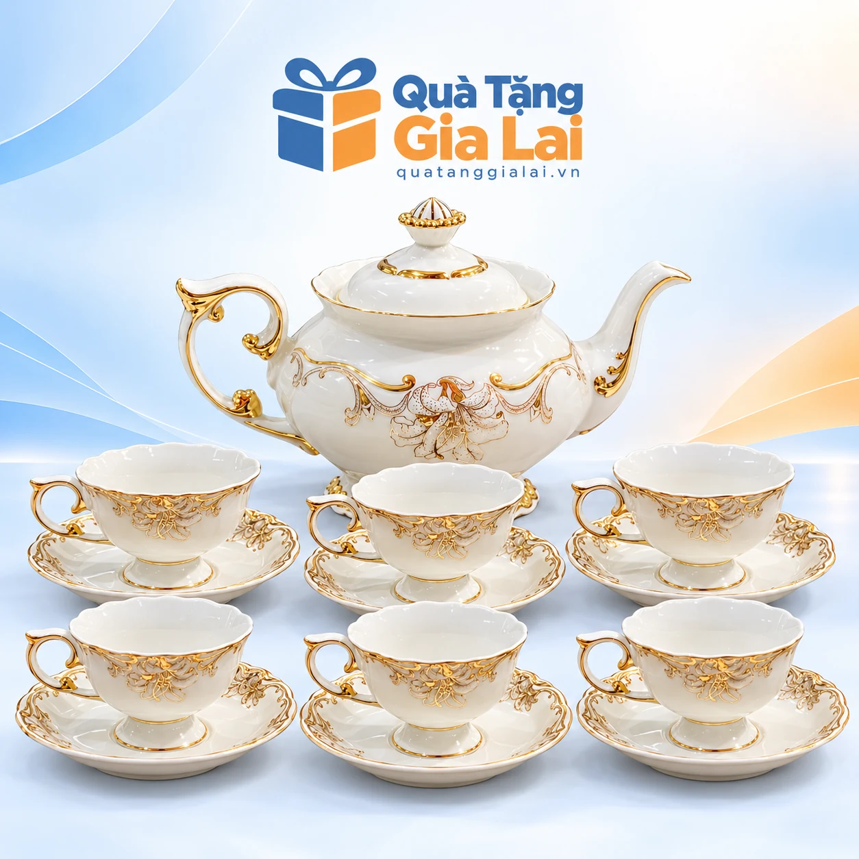 Bộ trà Đài Các 0,8 lít trang trí vàng với sáu chén có quai