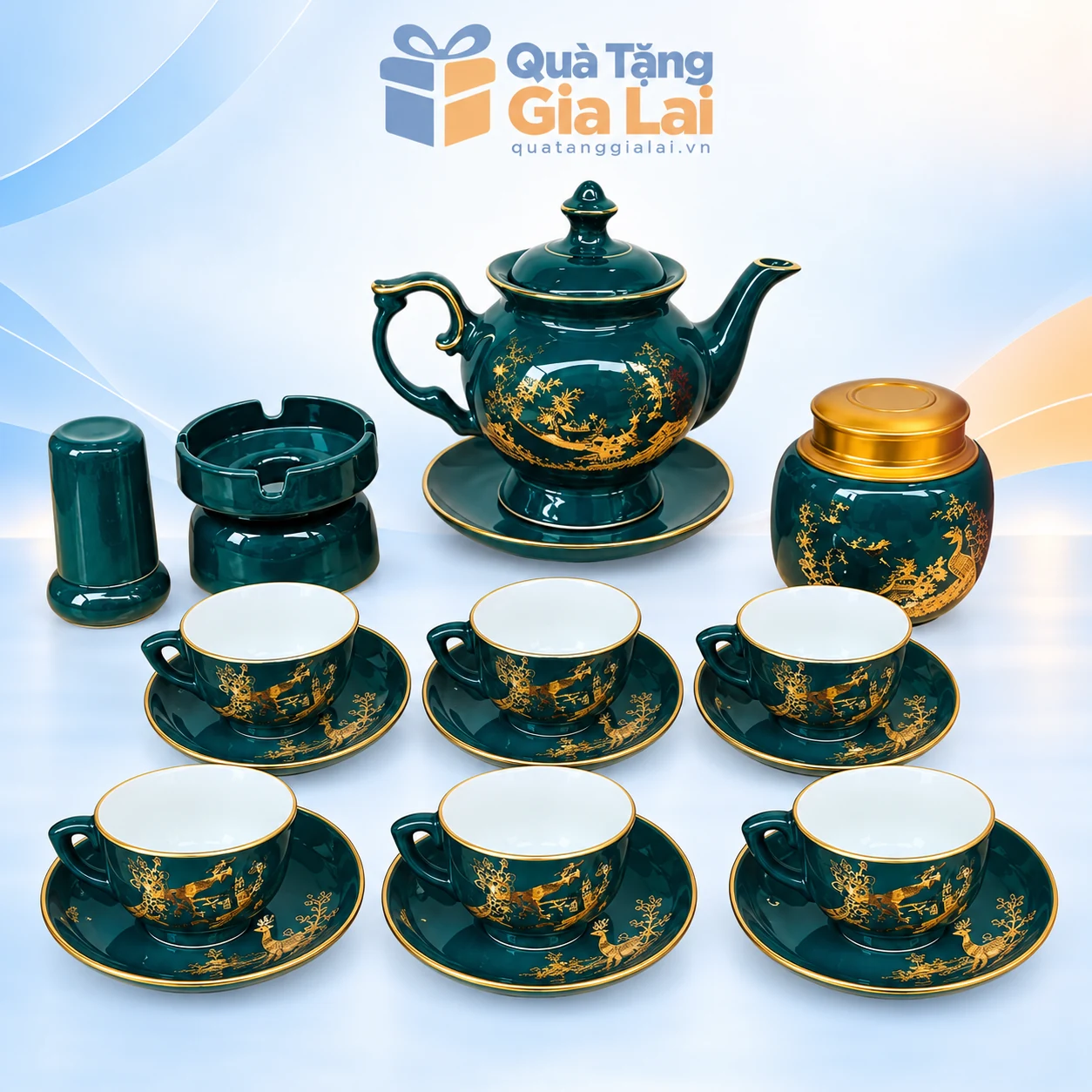 Bộ trà xanh cổ vịt Đài Cát 02 có sáu chén và các phụ kiện