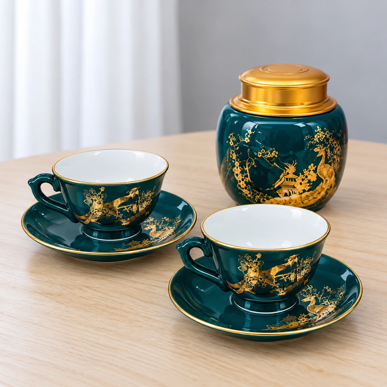 Lọ chè tròn cùng hai chén xanh cổ vịt trên bàn trà