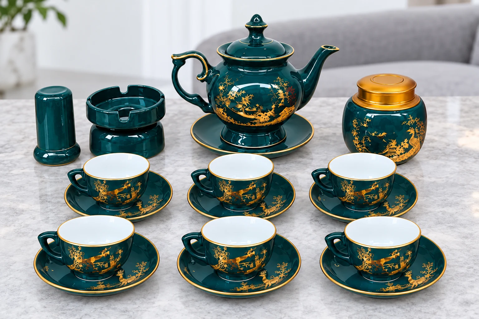 Bộ trà xanh cổ vịt và phụ kiện bày tại bàn tiếp khách