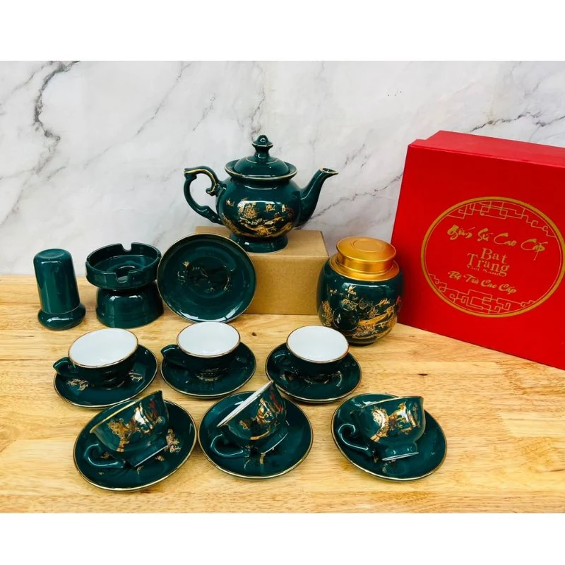 Bộ trà Đài Cát xanh cổ vịt cùng phụ kiện và hộp đỏ trong ảnh thật